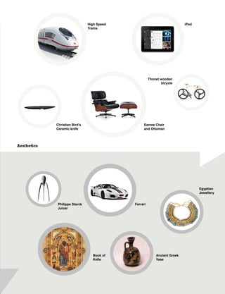 Kuliza Social Technology Quarterly Issue 08 13
Eames Chair
and Ottoman
Christian Bird’s
Ceramic knife
Thonet wooden
bicycle
High Speed
Trains
iPad
Ancient Greek
Vase
Ferrari
Book of
Kells
Aesthetics
Egyptian
Jewellery
Philippe Starck
Juicer
 
