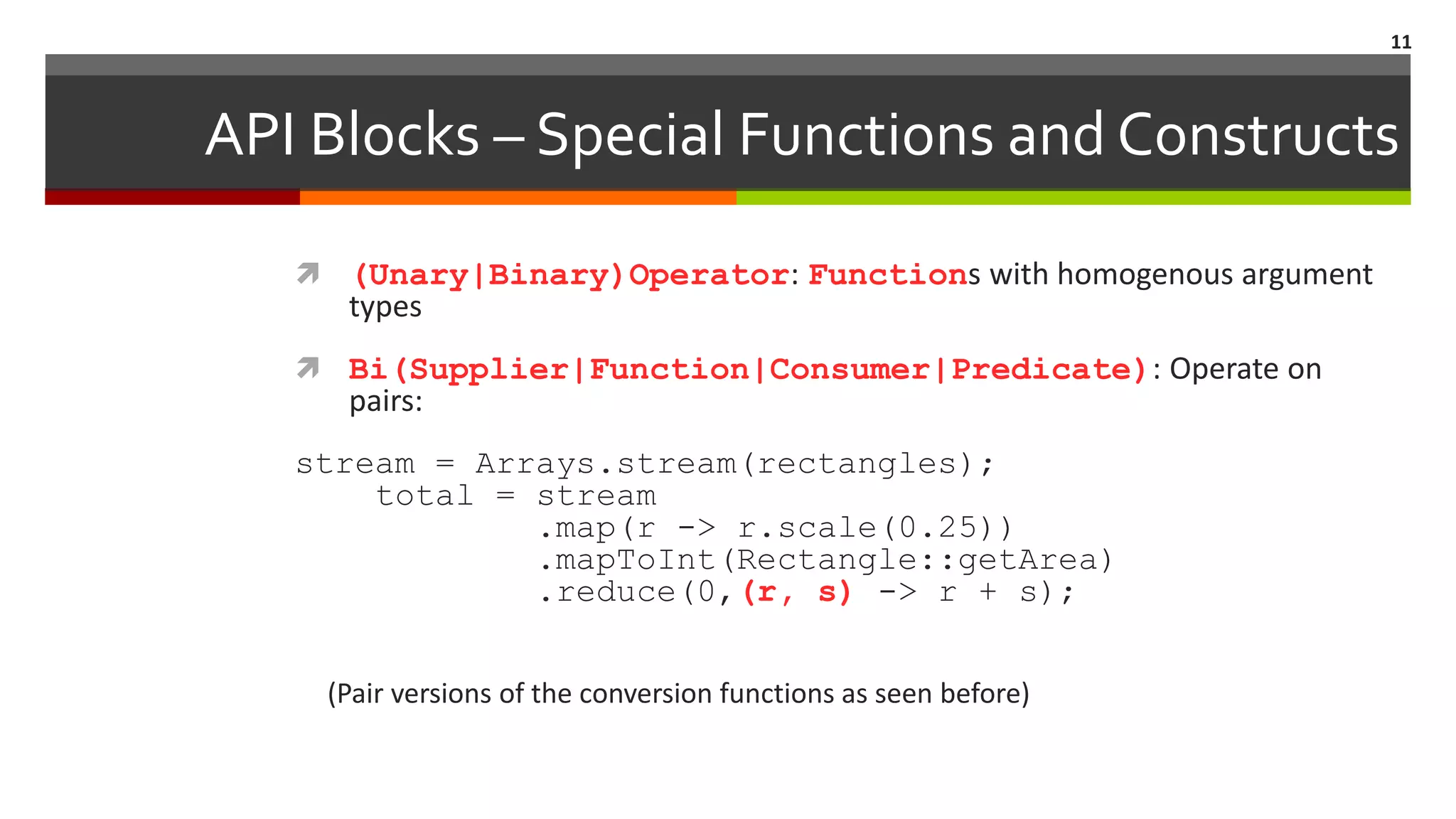 API Blocks – Special Functions and Constructs  (Unary|Binary)Operator: Functions with homogenous argument types  Bi(Supplier|Function|Consumer|Predicate): Operate on pairs: stream = Arrays.stream(rectangles); total = stream .map(r -> r.scale(0.25)) .mapToInt(Rectangle::getArea) .reduce(0,(r, s) -> r + s); (Pair versions of the conversion functions as seen before) 11 
