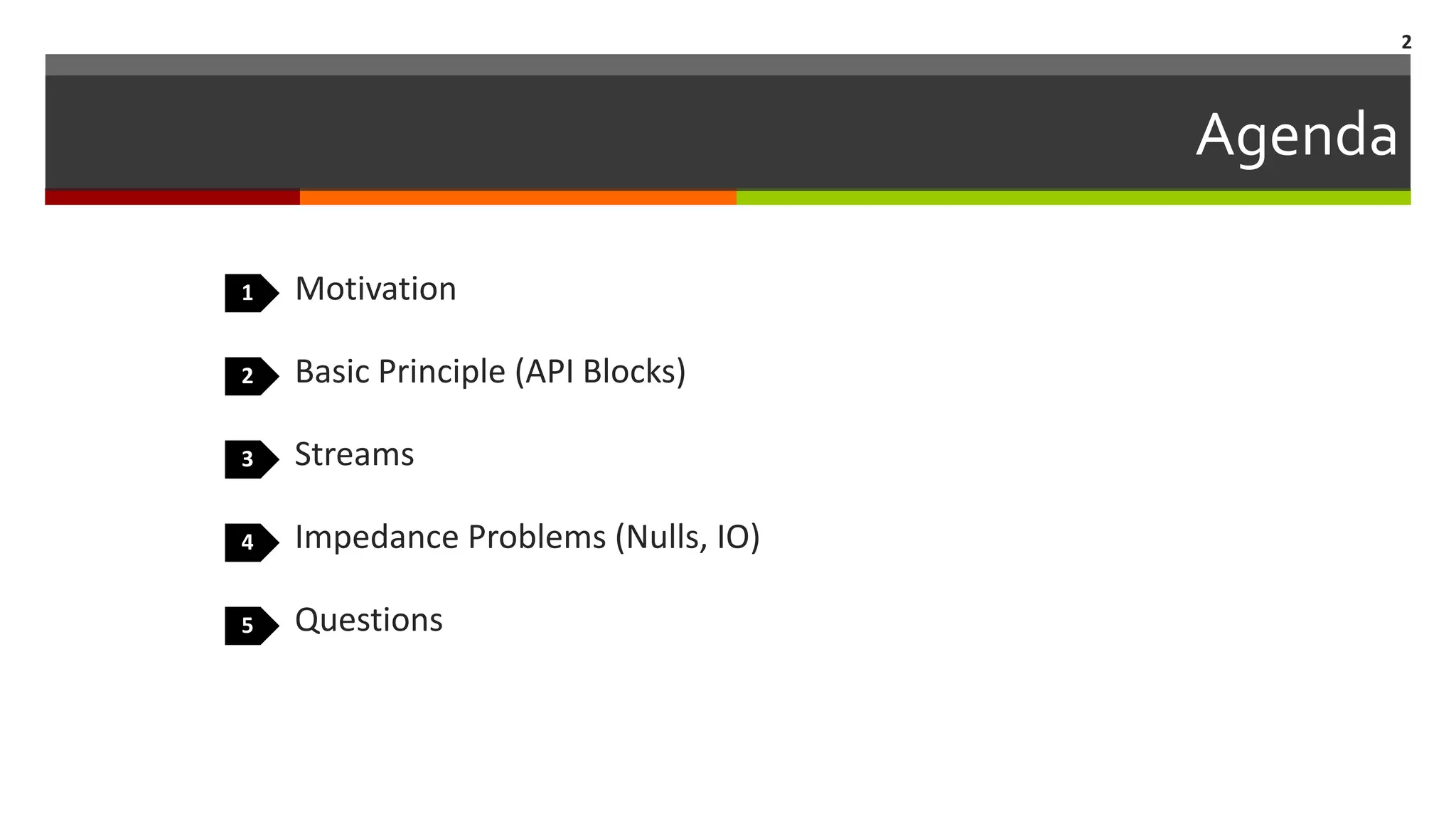 Agenda Motivation Basic Principle (API Blocks) Streams Impedance Problems (Nulls, IO) Questions 2 1 2 3 4 5 