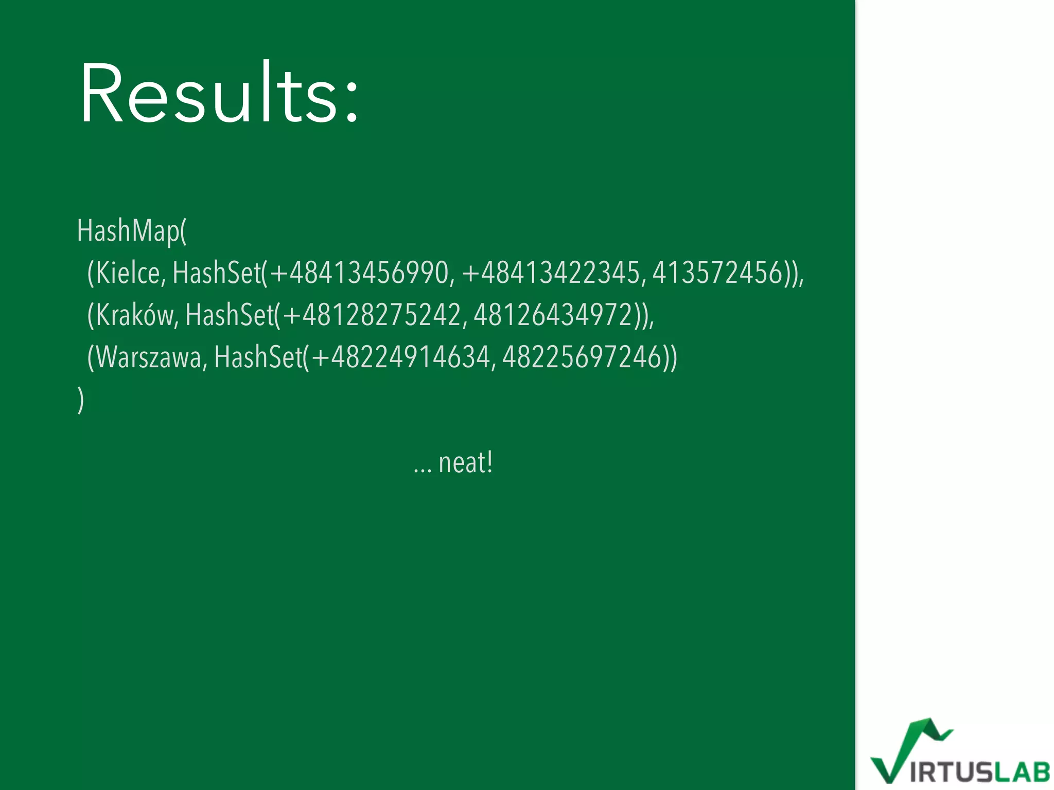 Results:
HashMap( 
(Kielce, HashSet(+48413456990, +48413422345, 413572456)),  
(Kraków, HashSet(+48128275242, 48126434972)),  
(Warszawa, HashSet(+48224914634, 48225697246)) 
)
... neat! 
 