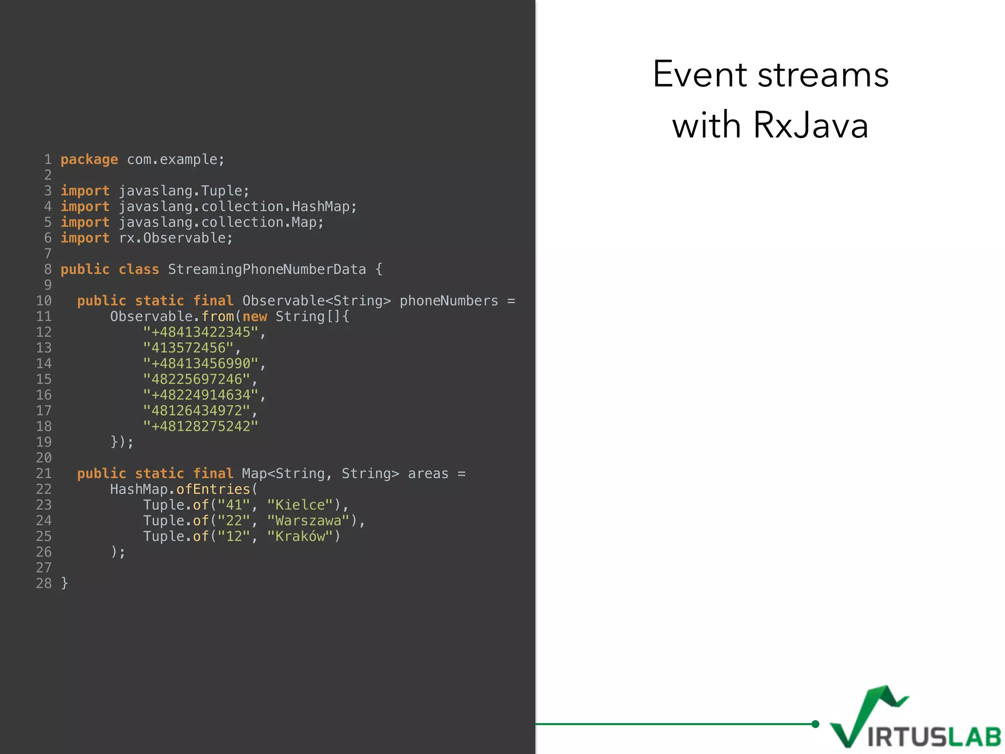 1 package com.example;
2
3 import javaslang.Tuple;
4 import javaslang.collection.HashMap;
5 import javaslang.collection.Map;
6 import rx.Observable;
7
8 public class StreamingPhoneNumberData {
9
10 public static final Observable<String> phoneNumbers =
11 Observable.from(new String[]{
12 "+48413422345",
13 "413572456",
14 "+48413456990",
15 "48225697246",
16 "+48224914634",
17 "48126434972",
18 "+48128275242"
19 });
20
21 public static final Map<String, String> areas =
22 HashMap.ofEntries(
23 Tuple.of("41", "Kielce"),
24 Tuple.of("22", "Warszawa"),
25 Tuple.of("12", "Kraków")
26 );
27
28 }
Event streams  
with RxJava
 