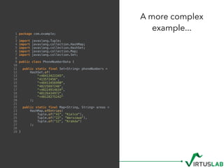 1 package com.example;
2
3 import javaslang.Tuple;
4 import javaslang.collection.HashMap;
5 import javaslang.collection.HashSet;
6 import javaslang.collection.Map;
7 import javaslang.collection.Set;
8
9 public class PhoneNumberData {
10
11 public static final Set<String> phoneNumbers =
12 HashSet.of(
13 "+48413422345",
14 "413572456",
15 "+48413456990",
16 "48225697246",
17 "+48224914634",
18 "48126434972",
19 "+48128275242"
20 );
21
22 public static final Map<String, String> areas =
23 HashMap.ofEntries(
24 Tuple.of("41", "Kielce"),
25 Tuple.of("22", "Warszawa"),
26 Tuple.of("12", "Kraków")
27 );
28
29 }
A more complex  
example...
 