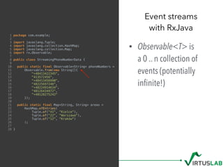 1 package com.example;
2
3 import javaslang.Tuple;
4 import javaslang.collection.HashMap;
5 import javaslang.collection.Map;
6 import rx.Observable;
7
8 public class StreamingPhoneNumberData {
9
10 public static final Observable<String> phoneNumbers =
11 Observable.from(new String[]{
12 "+48413422345",
13 "413572456",
14 "+48413456990",
15 "48225697246",
16 "+48224914634",
17 "48126434972",
18 "+48128275242"
19 });
20
21 public static final Map<String, String> areas =
22 HashMap.ofEntries(
23 Tuple.of("41", "Kielce"),
24 Tuple.of("22", "Warszawa"),
25 Tuple.of("12", "Kraków")
26 );
27
28 }
Event streams  
with RxJava
• Observable<T> is  
a 0 .. n collection of
events (potentially
inﬁnite!)
 