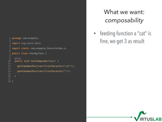 What we want: 
composability
1 package com.example;
2
3 import org.junit.Test;
4
5 import static com.example.CharacterOps.*;
6
7 public class CharOpsTest {
8
9 @Test
10 public void testComposability() {
11
12 getAlphabetPosition(firstCharacter("cat"));
13
14 getAlphabetPosition(firstCharacter(""));
15
16 }
17
18 }
• feeding function a "cat" is
ﬁne, we get 3 as result
 
