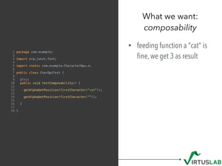 What we want: 
composability
1 package com.example;
2
3 import org.junit.Test;
4
5 import static com.example.CharacterOps....