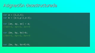 var a = [1,2,3];
var b = {x:1,y:2,z:3};
var [ax, ay, az] = a;
//ax==1, ay==2, az==3
var {bx, by, bz}=b;
//bx==1, by==2, bz==3
var {bx, by, bz=0}=b;
 