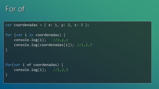 var coordenadas = { x: 1, y: 2, z: 3 };
for (var i in coordenadas) {
console.log(i); //x,y,z
console.log(coordenadas[i]); //1,2,3
}
for(var i of coordenadas) {
console.log(i); //1,2,3
}
 