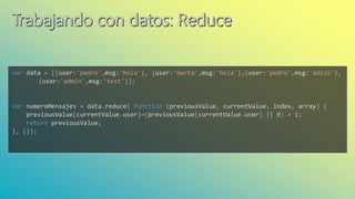 var data = [{user:'pedro',msg:'hola'}, {user:'marta',msg:'hola'},{user:'pedro',msg:'adios'},
{user:'admin',msg:'test'}];
var numeroMensajes = data.reduce( function (previousValue, currentValue, index, array) {
previousValue[currentValue.user]=(previousValue[currentValue.user] || 0) + 1;
return previousValue;
}, {});
 