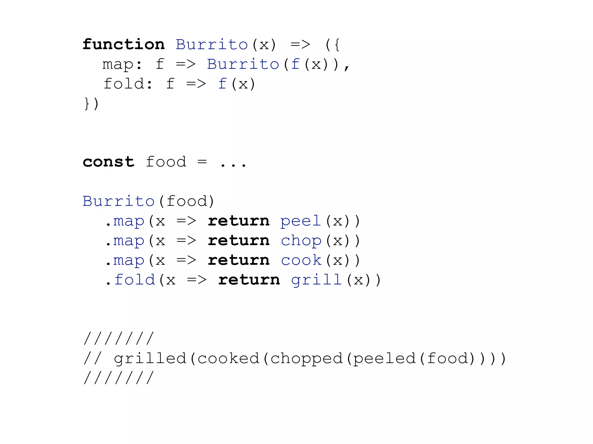 function Burrito(x) => ({
map: f => Burrito(f(x)),
fold: f => f(x)
})
const food = ...
Burrito(food)
.map(x => return peel(x))
.map(x => return chop(x))
.map(x => return cook(x))
.fold(x => return grill(x))
///////
// grilled(cooked(chopped(peeled(food))))
///////
 