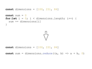 const dimensions = [100, 231, 84]
const sum = 0
for(let i = 0; i < dimensions.length; i++) {
sum += dimensions[i]
}
const dimensions = [100, 231, 84]
const sum = dimensions.reduce((a, b) => a + b, 0)
 