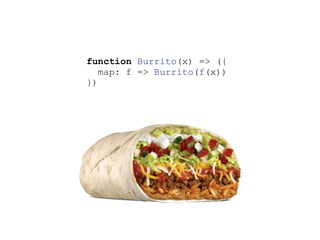 function Burrito(x) => ({
map: f => Burrito(f(x))
})
 
