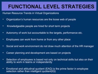 FUNCTIONAL LEVEL STRATEGIES
Human Resource Trends in Virtual Organizations
• Organization’s human resources are the loose web of people
• Knowledgeable people are hired for short term projects
• Autonomy of work but accountable to the targets, performance etc.
• Employees can work from home or from any other place
• Social and work environment do not draw much attention of the HR manager
• Career planning and development are based on projects
• Selection of employees is based not only on technical skills but also on their
ability to work in teams or independently
• Emotional and attitudinal quotient (EAQ) is the prime factor in employee
selection rather than intelligent quotient(IQ)
 