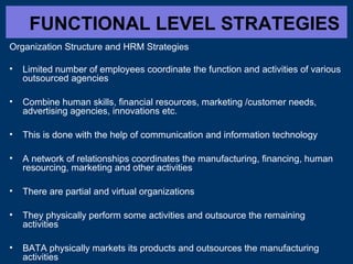 FUNCTIONAL LEVEL STRATEGIES
Organization Structure and HRM Strategies
•

Limited number of employees coordinate the function and activities of various
outsourced agencies

•

Combine human skills, financial resources, marketing /customer needs,
advertising agencies, innovations etc.

•

This is done with the help of communication and information technology

•

A network of relationships coordinates the manufacturing, financing, human
resourcing, marketing and other activities

•

There are partial and virtual organizations

•

They physically perform some activities and outsource the remaining
activities

•

BATA physically markets its products and outsources the manufacturing
activities

 