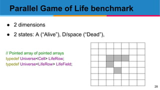 28
Parallel Game of Life benchmark
● 2 dimensions
● 2 states: A (“Alive”), D/space (“Dead”),
// Pointed array of pointed arrays
typedef Universe<Cell> LifeRow;
typedef Universe<LifeRow> LifeField;
 