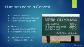 @gmuecke
Numbers need a Context
 Concurrent Users (CPU)
 vs. Concurrent Sessions (Memory)
 vs. Users per Period (Capacity)
 Average
 vs. perceived Average (90 %)
 vs. Percentiles (95%,99%,99.9%)
 1000 Conc.Users, avg < 1.5s
 vs 1000 Users/h, 90% < 1.5s
This Photo by Unknown Author is licensed under CC BY-NC-SA
12
 