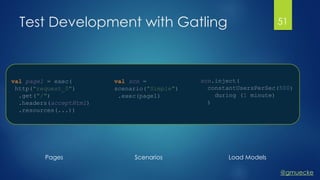 @gmuecke
Test Development with Gatling 51
val page1 = exec(
http("request_0")
.get("/")
.headers(acceptHtml)
.resources(...))
Pages Scenarios
val scn =
scenario("Simple")
.exec(page1)
Load Models
scn.inject(
constantUsersPerSec(500)
during (1 minute)
)
 
