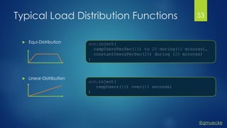 @gmuecke
Typical Load Distribution Functions
 Equi-Distribution
 Linear-Distribution
scn.inject(
rampUsersPerSec(10) to 20 during(10 minutes),
constantUsersPerSec(20) during (20 minutes)
)
scn.inject(
rampUsers(10) over(10 seconds)
)
53
 