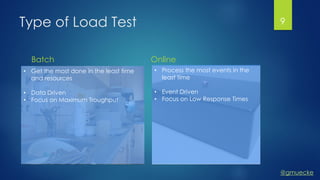 @gmuecke
Type of Load Test
Batch Online
9
• Process the most events in the
least time
• Event Driven
• Focus on Low Response Times
• Get the most done in the least time
and resources
• Data Driven
• Focus on Maximum Troughput
 
