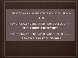FUNCTIONALLY GENERATED PATH OCCLUSION IN
FPD
FUNCTIONALLY GENERATED PATH OCCLUSION IN
SINGLE COMPLETE DENTURE
FUNCTIONALLY GENERATED PATH OCCLUSION IN
REMOVABLE PARTIAL DENTURE
 