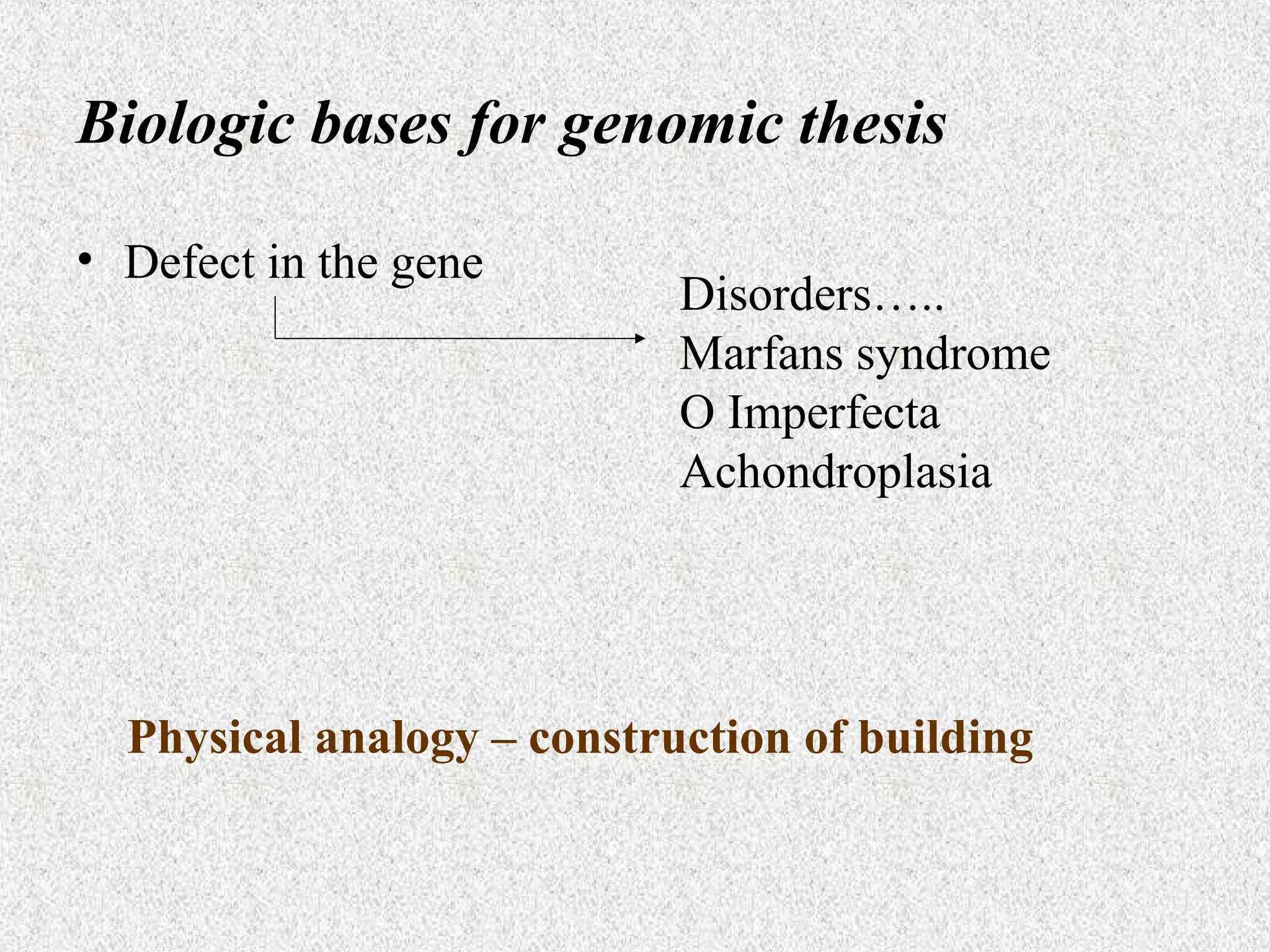 Biologic bases for genomic thesis
• Defect in the gene

Disorders…..
Marfans syndrome
O Imperfecta
Achondroplasia

Physical analogy – construction of building

 