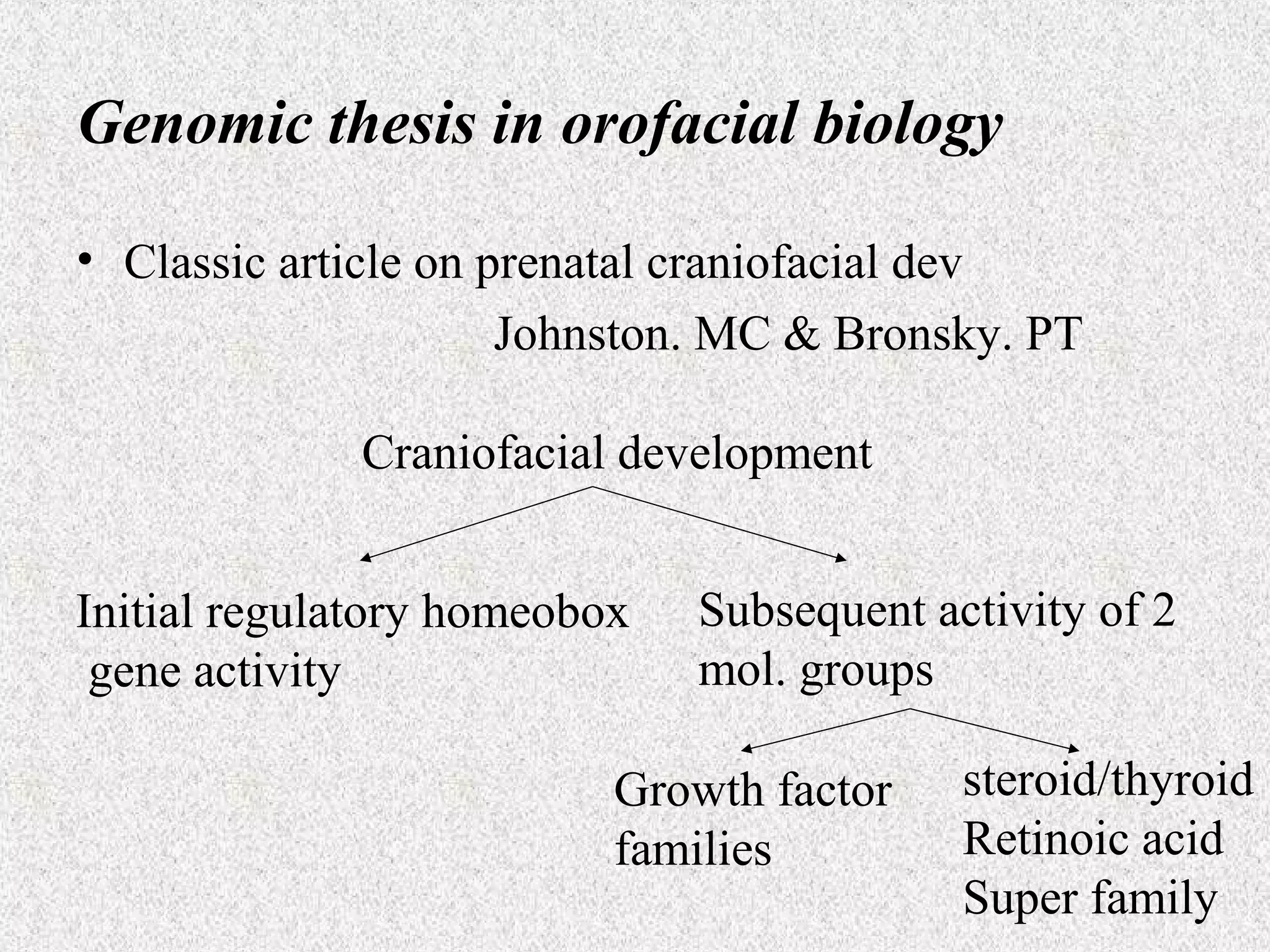 Genomic thesis in orofacial biology
• Classic article on prenatal craniofacial dev
Johnston. MC & Bronsky. PT
Craniofacial development
Initial regulatory homeobox
gene activity

Subsequent activity of 2
mol. groups

Growth factor
families

steroid/thyroid
Retinoic acid
Super family

 