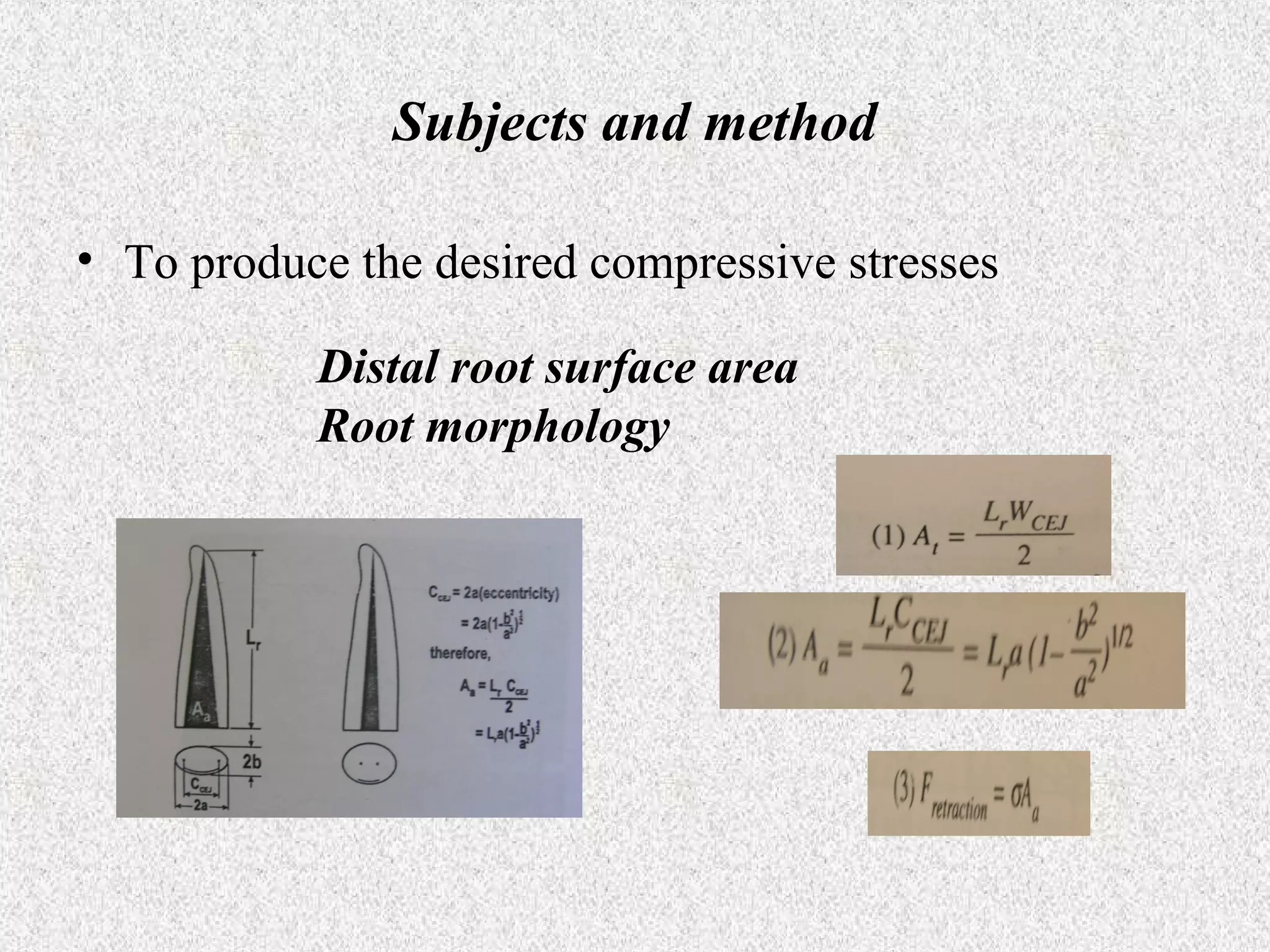 Subjects and method
• To produce the desired compressive stresses
Distal root surface area
Root morphology

 