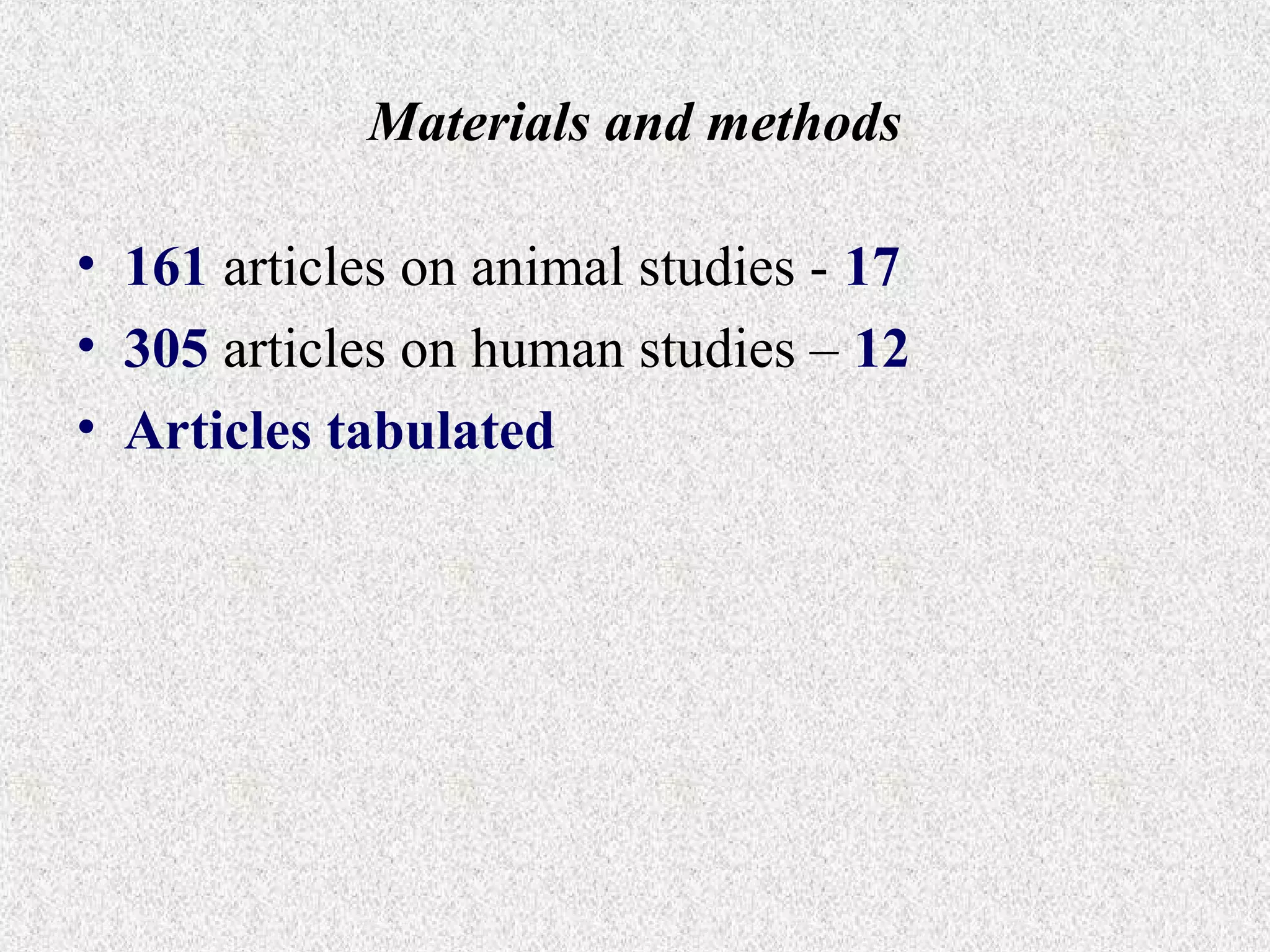 Materials and methods
• 161 articles on animal studies - 17
• 305 articles on human studies – 12
• Articles tabulated

 