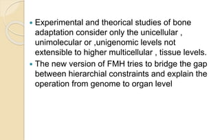  Experimental and theorical studies of bone
adaptation consider only the unicellular ,
unimolecular or ,unigenomic levels not
extensible to higher multicellular , tissue levels.
 The new version of FMH tries to bridge the gap
between hierarchial constraints and explain the
operation from genome to organ level
 
