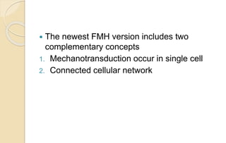  The newest FMH version includes two
complementary concepts
1. Mechanotransduction occur in single cell
2. Connected cellular network
 