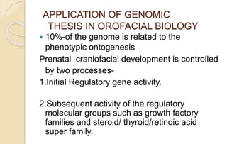 APPLICATION OF GENOMIC
THESIS IN OROFACIAL BIOLOGY
 10%-of the genome is related to the
phenotypic ontogenesis
Prenatal craniofacial development is controlled
by two processes-
1.Initial Regulatory gene activity.
2.Subsequent activity of the regulatory
molecular groups such as growth factory
families and steroid/ thyroid/retinoic acid
super family.
 