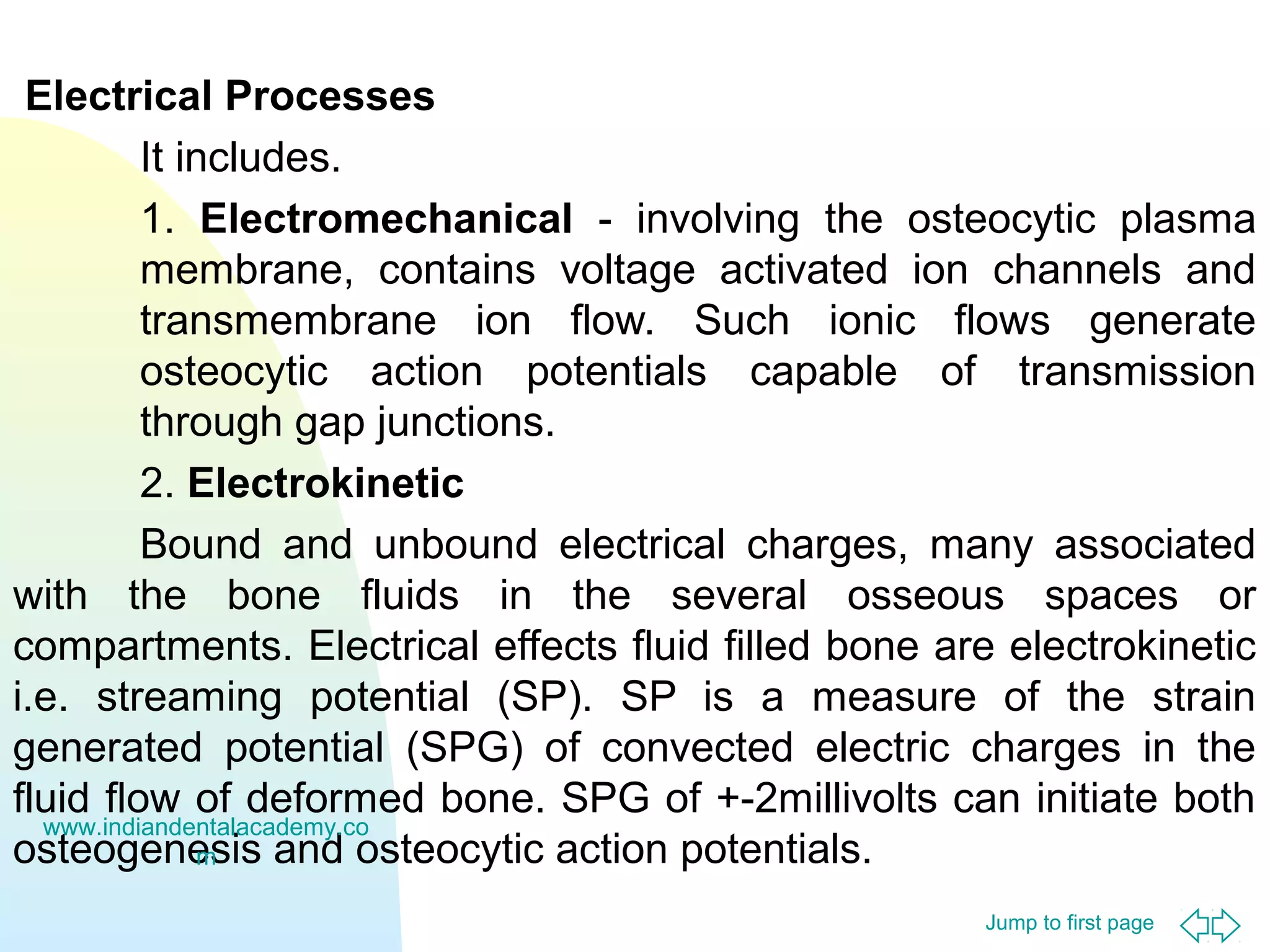 Jump to first page
Electrical Processes
It includes.
1. Electromechanical - involving the osteocytic plasma
membrane, contains voltage activated ion channels and
transmembrane ion flow. Such ionic flows generate
osteocytic action potentials capable of transmission
through gap junctions.
2. Electrokinetic
Bound and unbound electrical charges, many associated
with the bone fluids in the several osseous spaces or
compartments. Electrical effects fluid filled bone are electrokinetic
i.e. streaming potential (SP). SP is a measure of the strain
generated potential (SPG) of convected electric charges in the
fluid flow of deformed bone. SPG of +-2millivolts can initiate both
osteogenesis and osteocytic action potentials.
www.indiandentalacademy.co
m
 