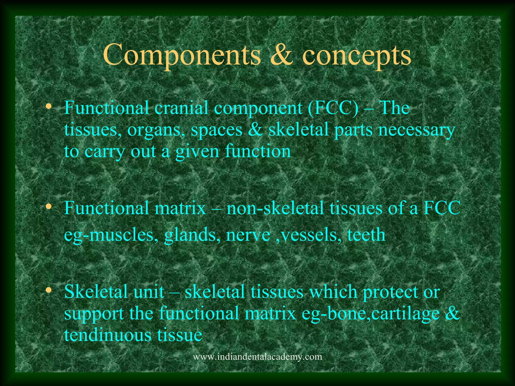Components & concepts
• Functional cranial component (FCC) – The
tissues, organs, spaces & skeletal parts necessary
to carry out a given function
• Functional matrix – non-skeletal tissues of a FCC
eg-muscles, glands, nerve ,vessels, teeth
• Skeletal unit – skeletal tissues which protect or
support the functional matrix eg-bone,cartilage &
tendinuous tissue
www.indiandentalacademy.com
 