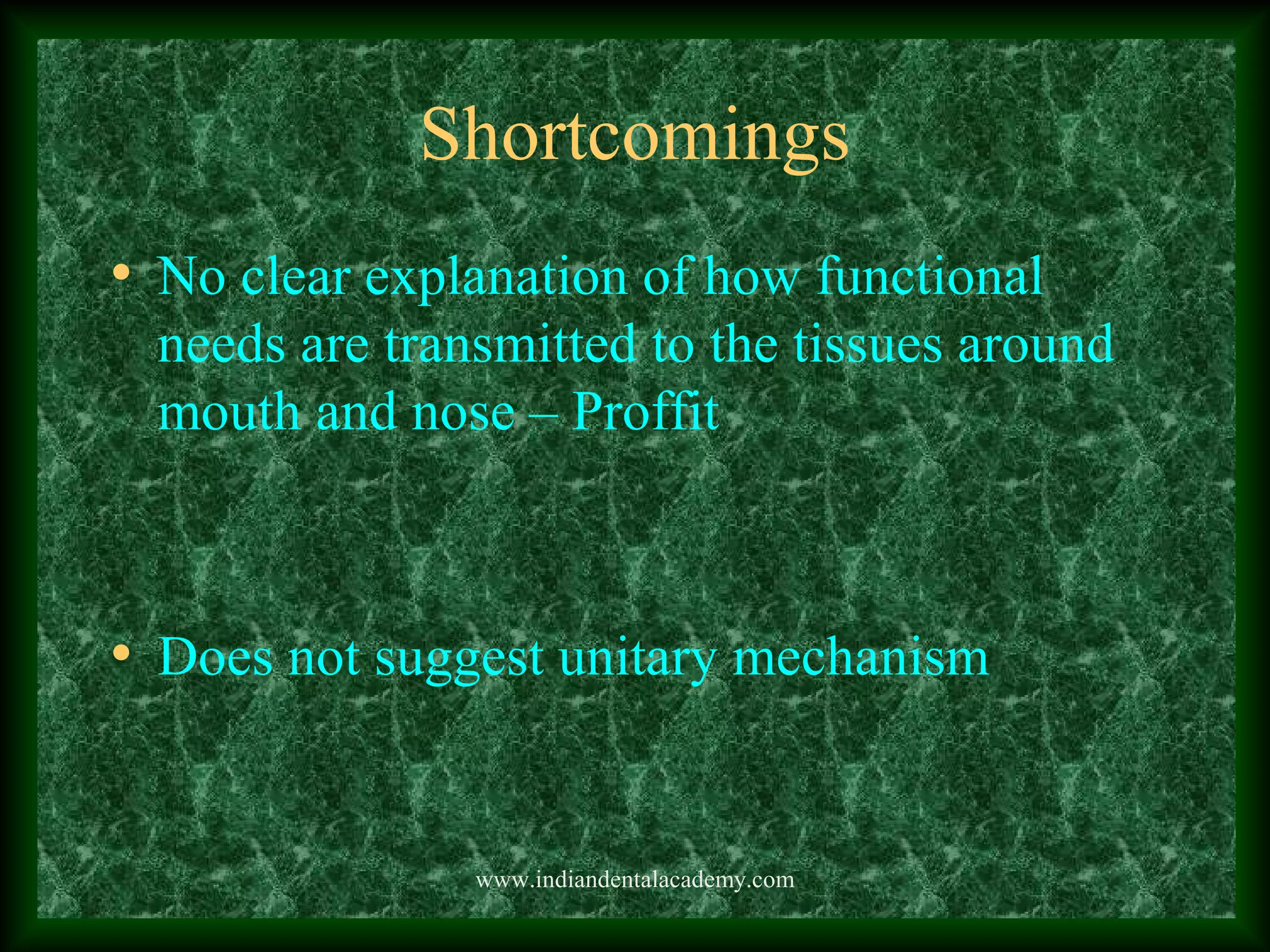 Shortcomings
• No clear explanation of how functional
needs are transmitted to the tissues around
mouth and nose – Proffit
• Does not suggest unitary mechanism
www.indiandentalacademy.com
 