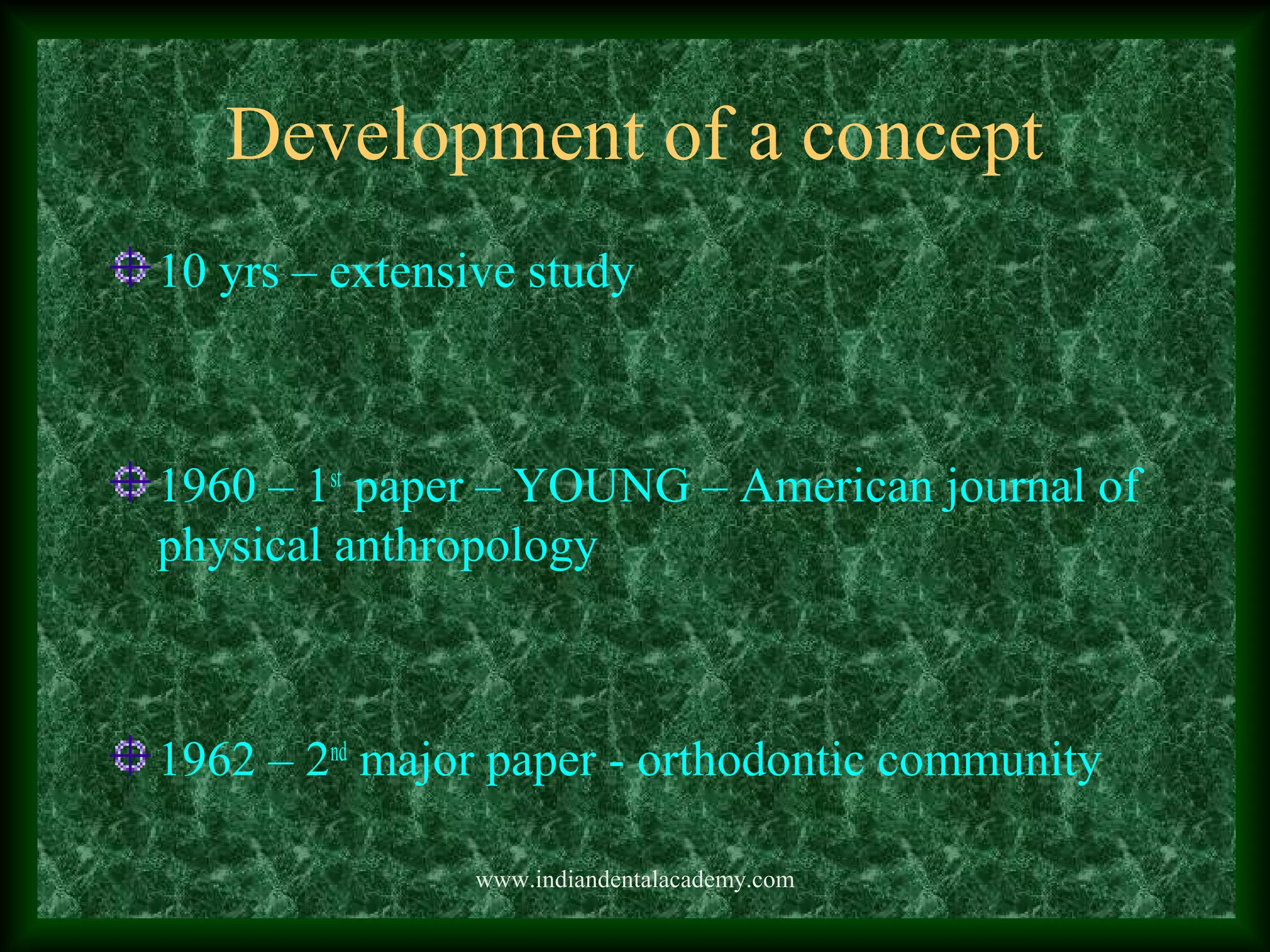 Development of a concept
10 yrs – extensive study
1960 – 1st
paper – YOUNG – American journal of
physical anthropology
1962 – 2nd
major paper - orthodontic community
www.indiandentalacademy.com
 