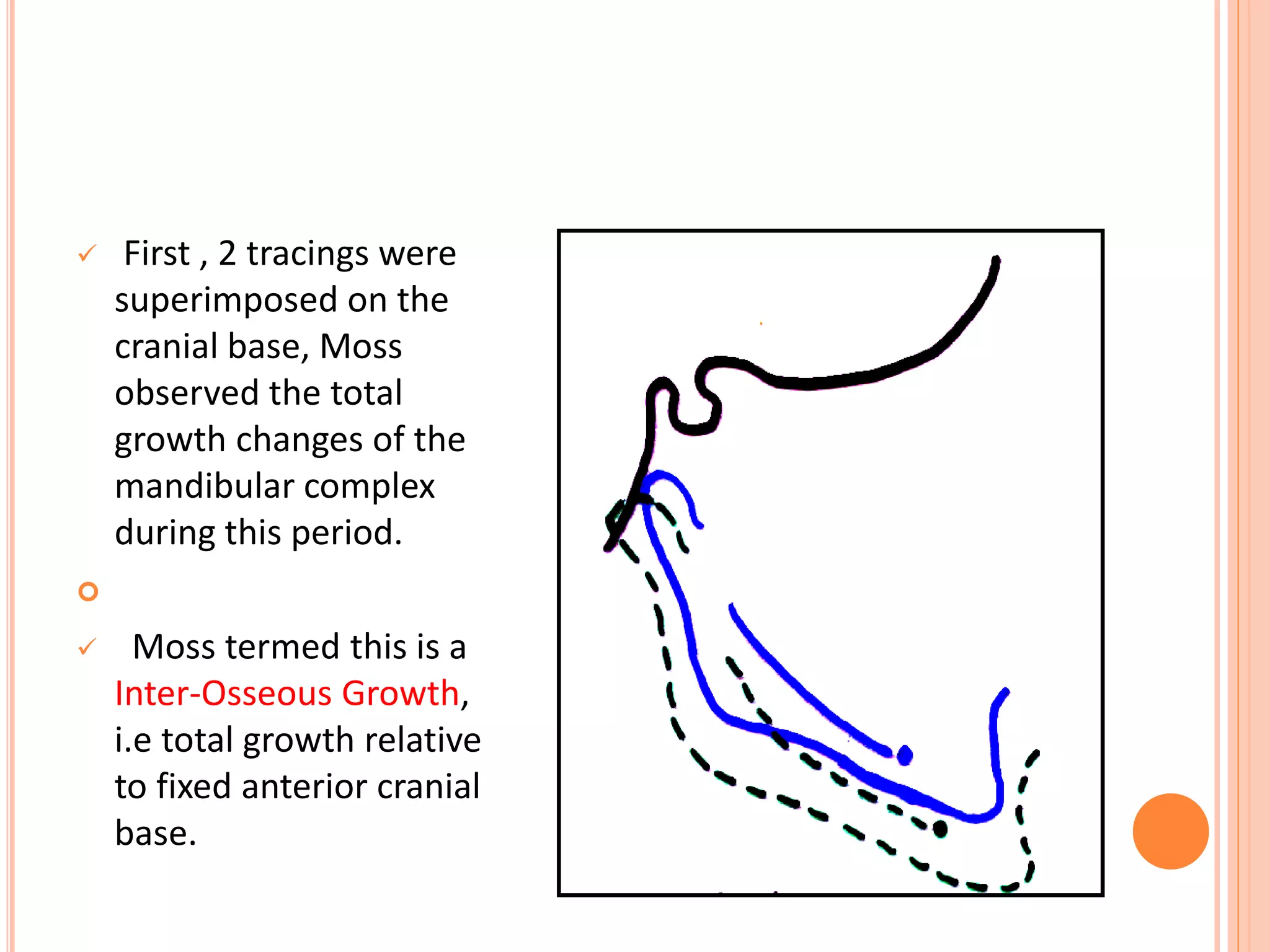  First , 2 tracings were
superimposed on the
cranial base, Moss
observed the total
growth changes of the
mandibular complex
during this period.

 Moss termed this is a
Inter-Osseous Growth,
i.e total growth relative
to fixed anterior cranial
base.
 