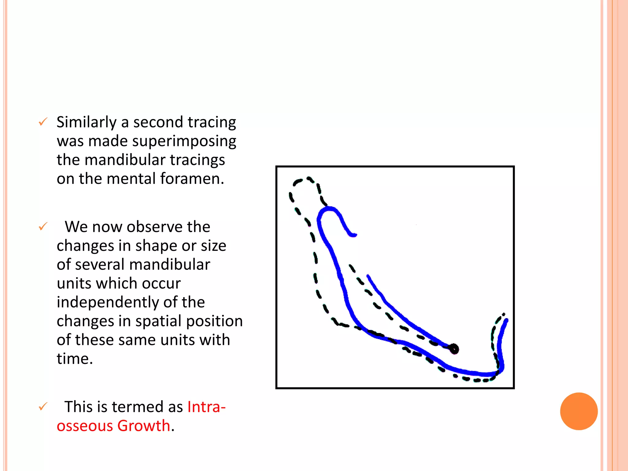  Similarly a second tracing
was made superimposing
the mandibular tracings
on the mental foramen.
 We now observe the
changes in shape or size
of several mandibular
units which occur
independently of the
changes in spatial position
of these same units with
time.
 This is termed as Intra-
osseous Growth.
 