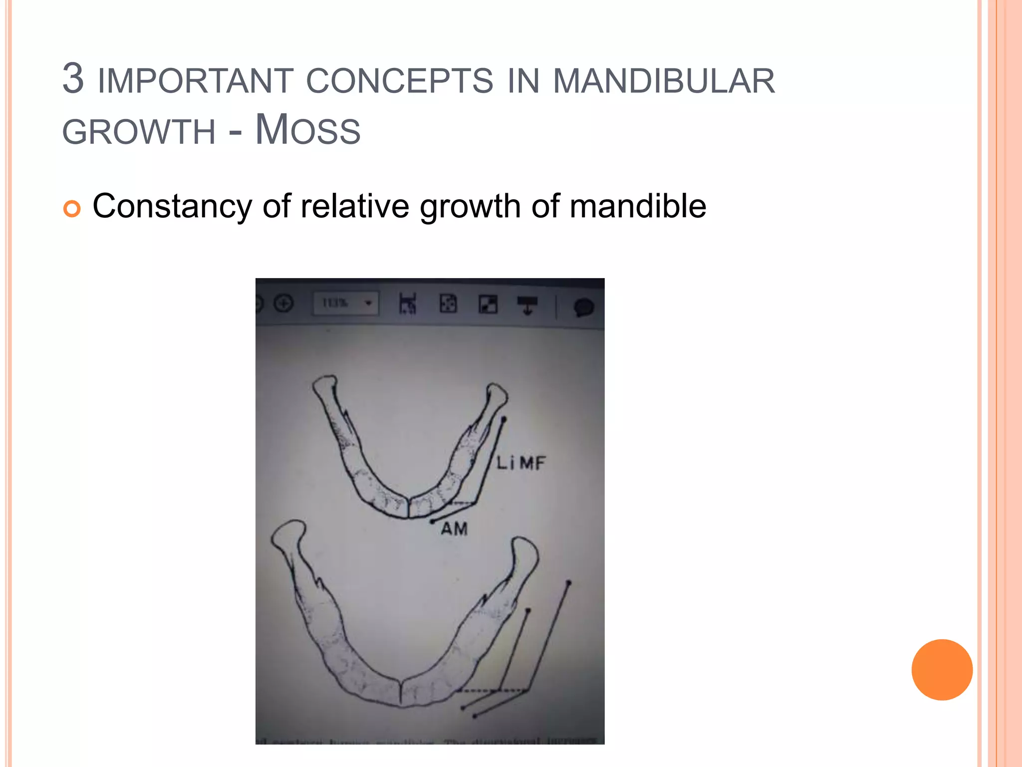 3 IMPORTANT CONCEPTS IN MANDIBULAR
GROWTH - MOSS
 Constancy of relative growth of mandible
 