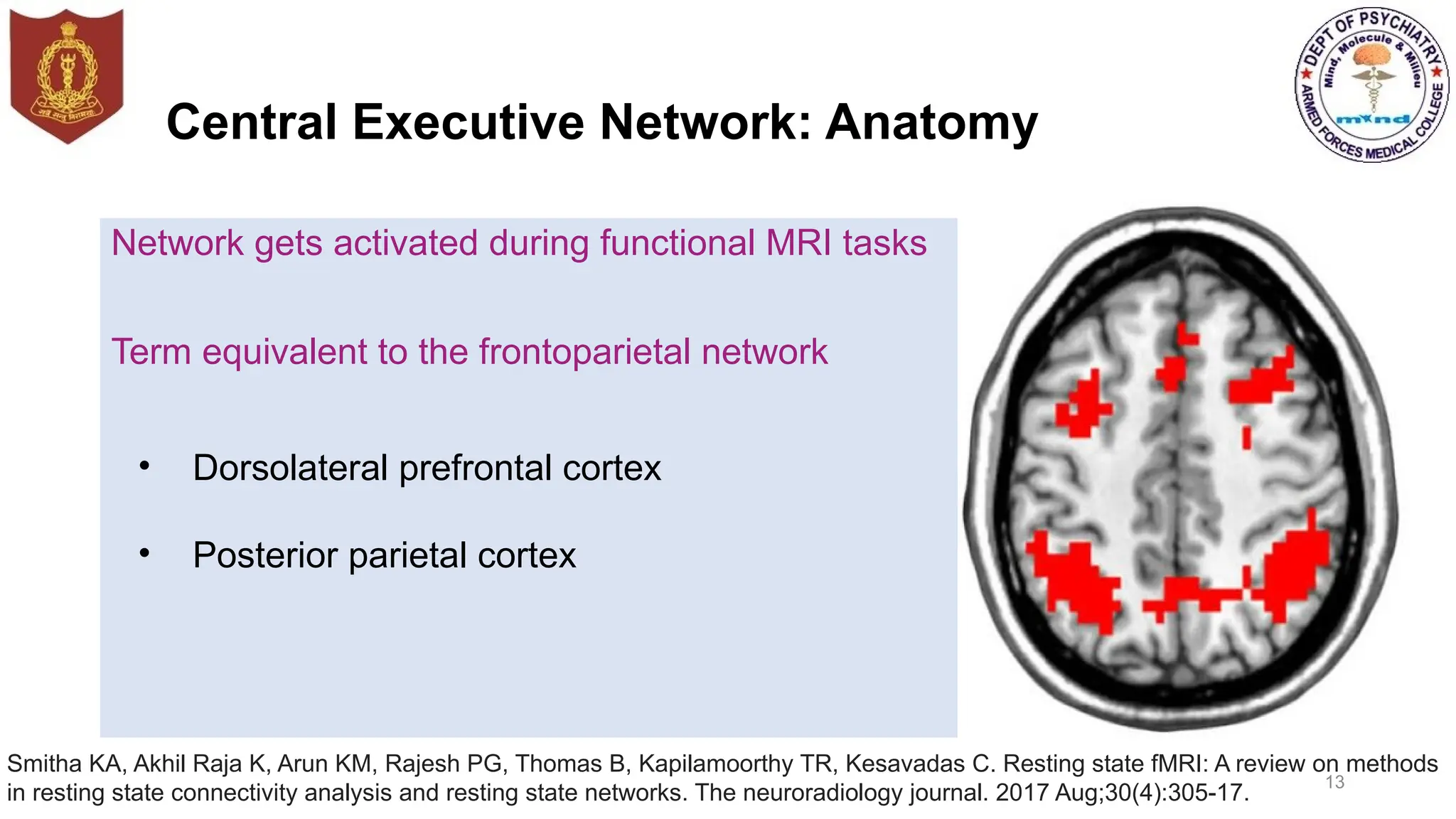 Central Executive Network: Anatomy
Network gets activated during functional MRI tasks
Term equivalent to the frontoparietal network
13
• Dorsolateral prefrontal cortex
• Posterior parietal cortex
Smitha KA, Akhil Raja K, Arun KM, Rajesh PG, Thomas B, Kapilamoorthy TR, Kesavadas C. Resting state fMRI: A review on methods
in resting state connectivity analysis and resting state networks. The neuroradiology journal. 2017 Aug;30(4):305-17.
 