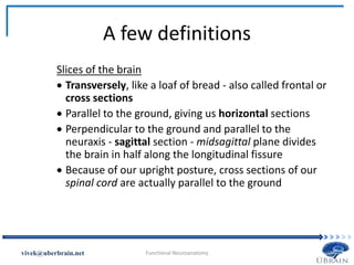 A few definitions
Slices of the brain
 Transversely, like a loaf of bread - also called frontal or
cross sections
 Parallel to the ground, giving us horizontal sections
 Perpendicular to the ground and parallel to the
neuraxis - sagittal section - midsagittal plane divides
the brain in half along the longitudinal fissure
 Because of our upright posture, cross sections of our
spinal cord are actually parallel to the ground
Vivek Misra
 