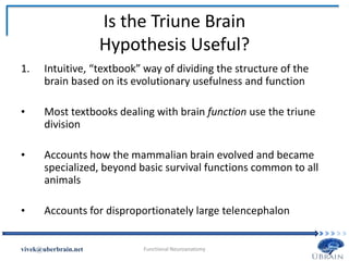 Is the Triune Brain
Hypothesis Useful?
1. Intuitive, “textbook” way of dividing the structure of the
brain based on its evolutionary usefulness and function
• Most textbooks dealing with brain function use the triune
division
• Accounts how the mammalian brain evolved and became
specialized, beyond basic survival functions common to all
animals
• Accounts for disproportionately large telencephalon
Vivek Misra
 