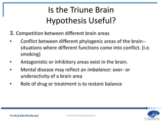 Is the Triune Brain
Hypothesis Useful?
3. Competition between different brain areas
• Conflict between different phylogenic areas of the brain--
situations where different functions come into conflict. (I.e.
smoking)
• Antagonistic or inhibitory areas exist in the brain.
• Mental disease may reflect an imbalance: over- or
underactivity of a brain area
• Role of drug or treatment is to restore balance
Vivek Misra
 