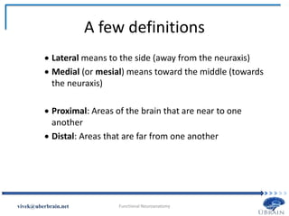 A few definitions
 Lateral means to the side (away from the neuraxis)
 Medial (or mesial) means toward the middle (towards
the neuraxis)
 Proximal: Areas of the brain that are near to one
another
 Distal: Areas that are far from one another
Vivek Misra
 