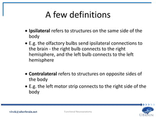 A few definitions
 Ipsilateral refers to structures on the same side of the
body
 E.g. the olfactory bulbs send ipsilateral connections to
the brain - the right bulb connects to the right
hemisphere, and the left bulb connects to the left
hemisphere
 Contralateral refers to structures on opposite sides of
the body
 E.g. the left motor strip connects to the right side of the
body
Vivek Misra
 
