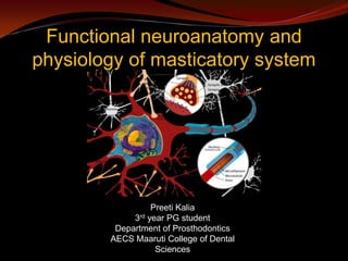 Functional neuroanatomy and
physiology of masticatory system




                  Preeti Kalia
             3rd year PG student
         Department of Prosthodontics
        AECS Maaruti College of Dental
                   Sciences
 