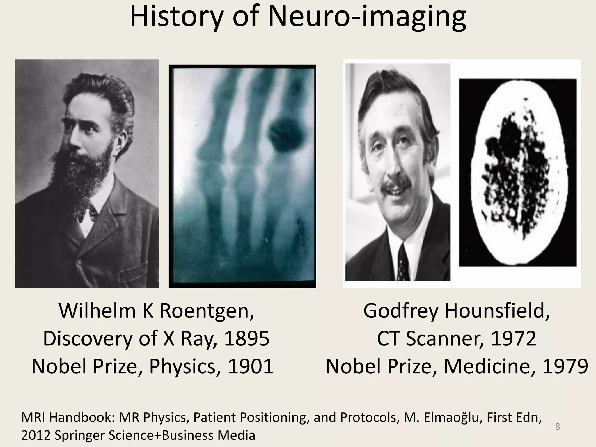 History of Neuro-imaging
8
MRI Handbook: MR Physics, Patient Positioning, and Protocols, M. Elmaoğlu, First Edn,
2012 Springer Science+Business Media
Wilhelm K Roentgen,
Discovery of X Ray, 1895
Nobel Prize, Physics, 1901
Godfrey Hounsfield,
CT Scanner, 1972
Nobel Prize, Medicine, 1979
 