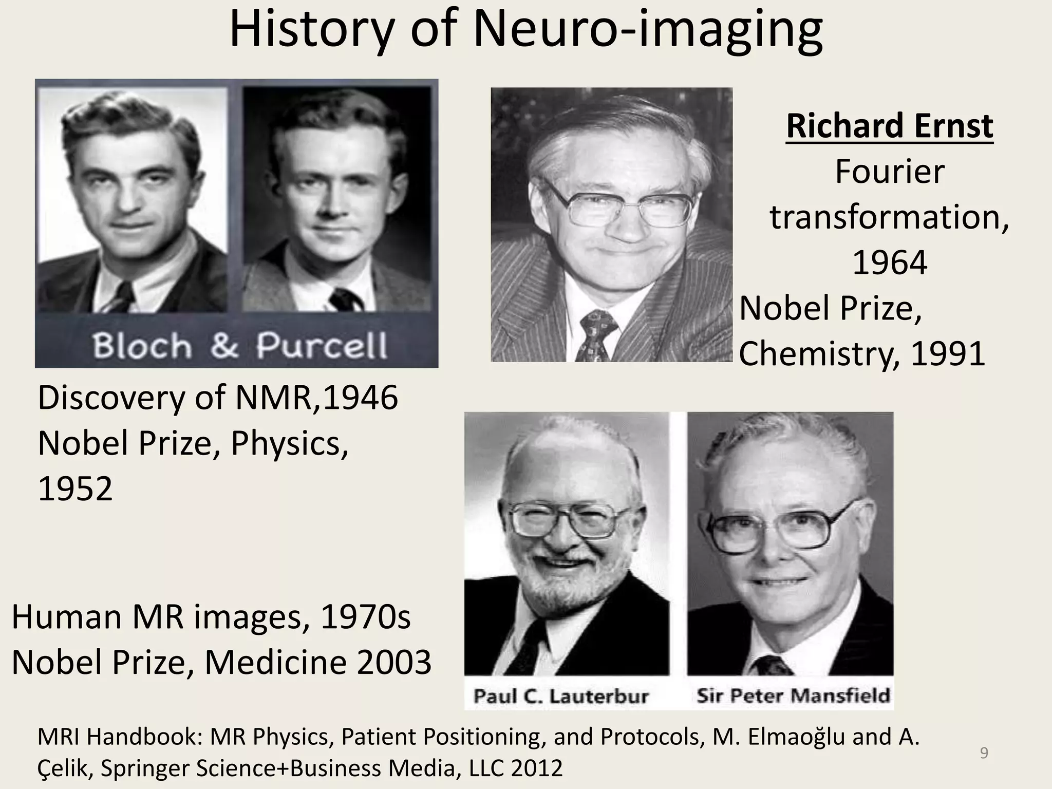 History of Neuro-imaging
9
MRI Handbook: MR Physics, Patient Positioning, and Protocols, M. Elmaoğlu and A.
Çelik, Springer Science+Business Media, LLC 2012
Discovery of NMR,1946
Nobel Prize, Physics,
1952
Richard Ernst
Fourier
transformation,
1964
Nobel Prize,
Chemistry, 1991
Human MR images, 1970s
Nobel Prize, Medicine 2003
 
