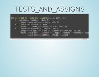 TESTS_AND_ASSIGNS
def destruct_to_tests_and_assigns(topic, pattern):
if isinstance(pattern, (Num, Str)):
return [make_eq(topic, pattern)], []
elif isinstance(pattern, Name):
return [], [make_assign(pattern.id, topic)]
elif isinstance(pattern, Compare) and 
len(pattern.ops) == 1 and isinstance(pattern.ops[0], Is):
return [make_call('isinstance', topic, pattern.comparators[0])], 
[make_assign(pattern.left.id, topic)]
...
 