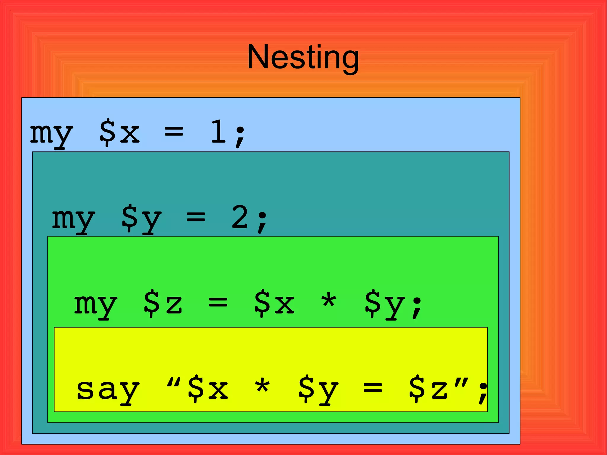 Nesting my $x = 1; my $y = 2; my $z = $x * $y; say “$x * $y = $z”;  