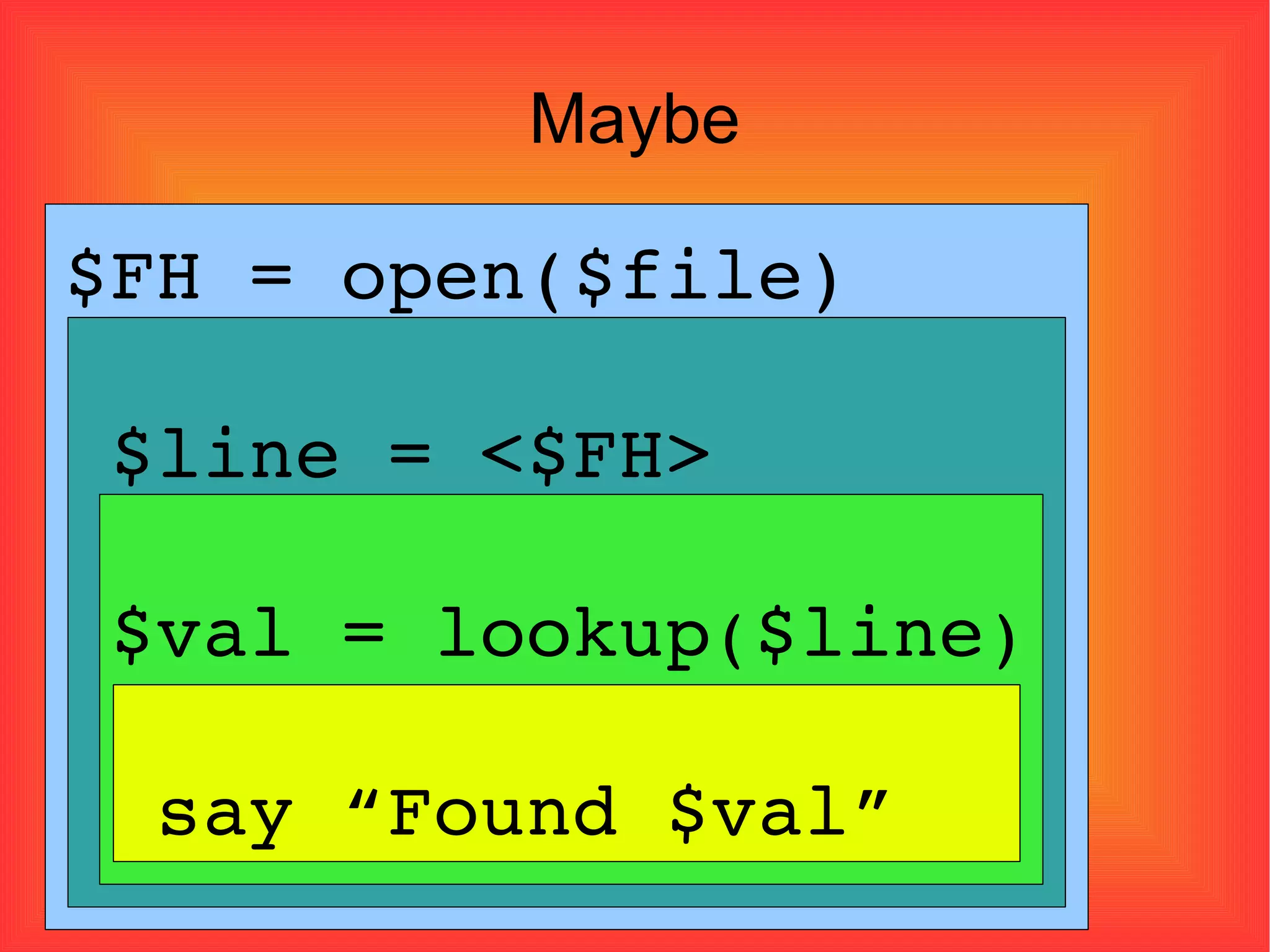 Maybe $FH = open($file)‏ $line = <$FH> $val = lookup ( $line )‏ say “Found $val”  
