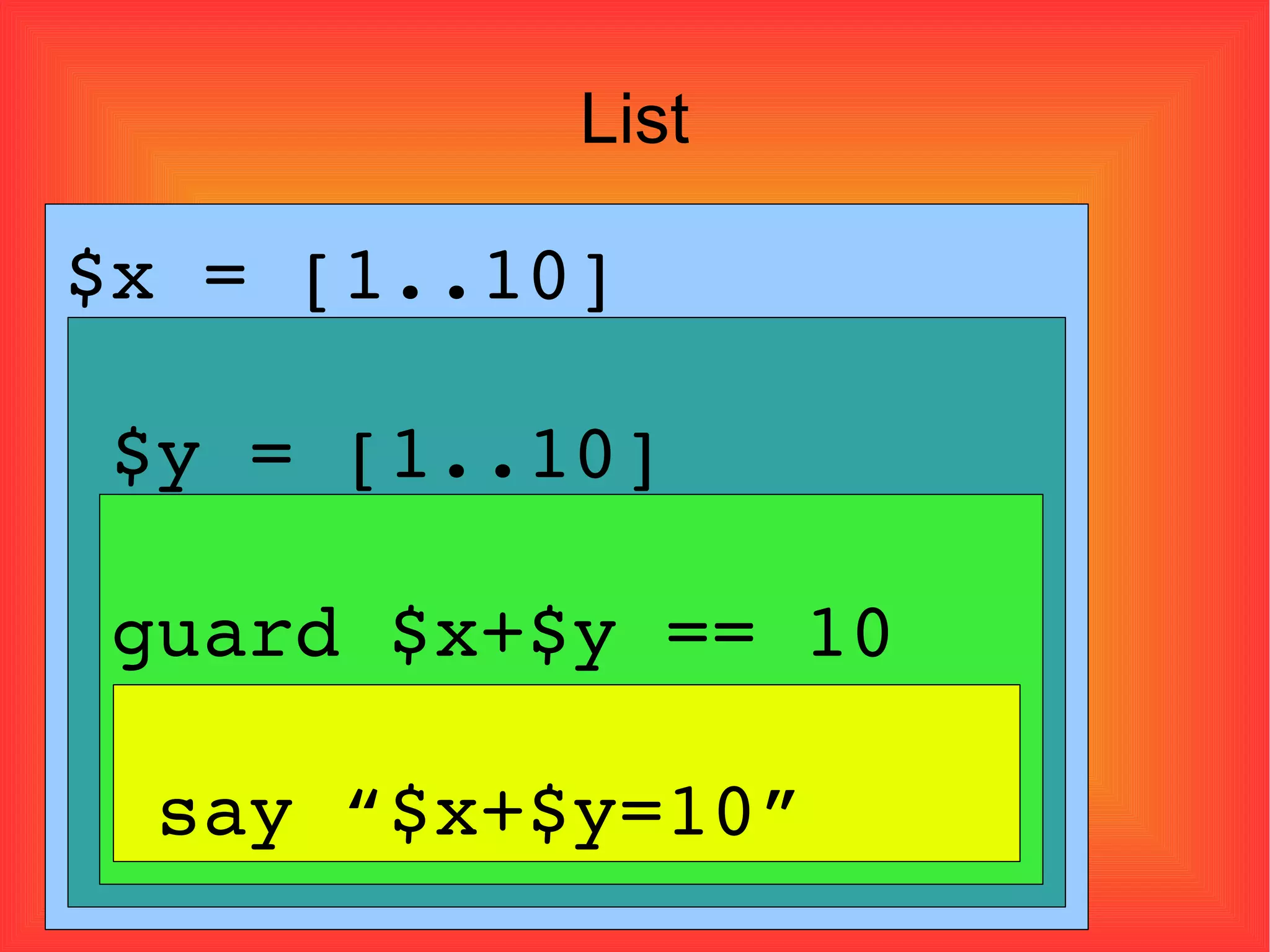 List $x = [1..10] $y = [1..10] guard $x+$y == 10 say “$x+$y=10”  